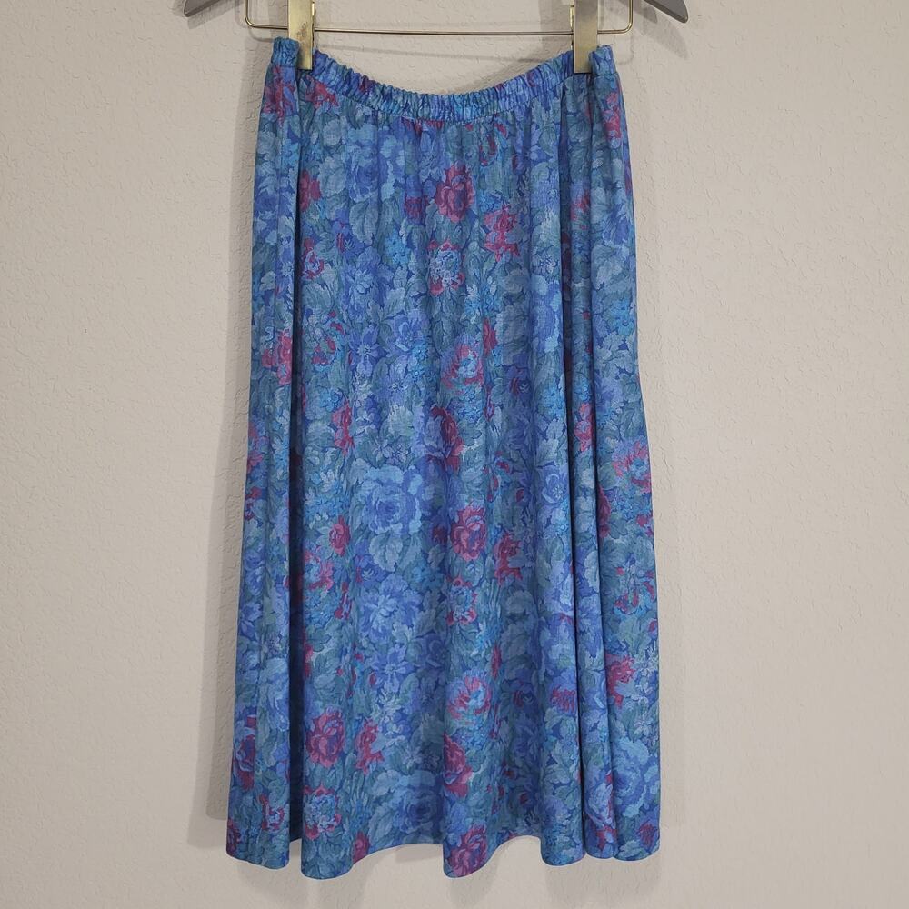 Vintage 80s Blue Floral Skirt Womens S / M Elastic Waist Spring Summer  UB